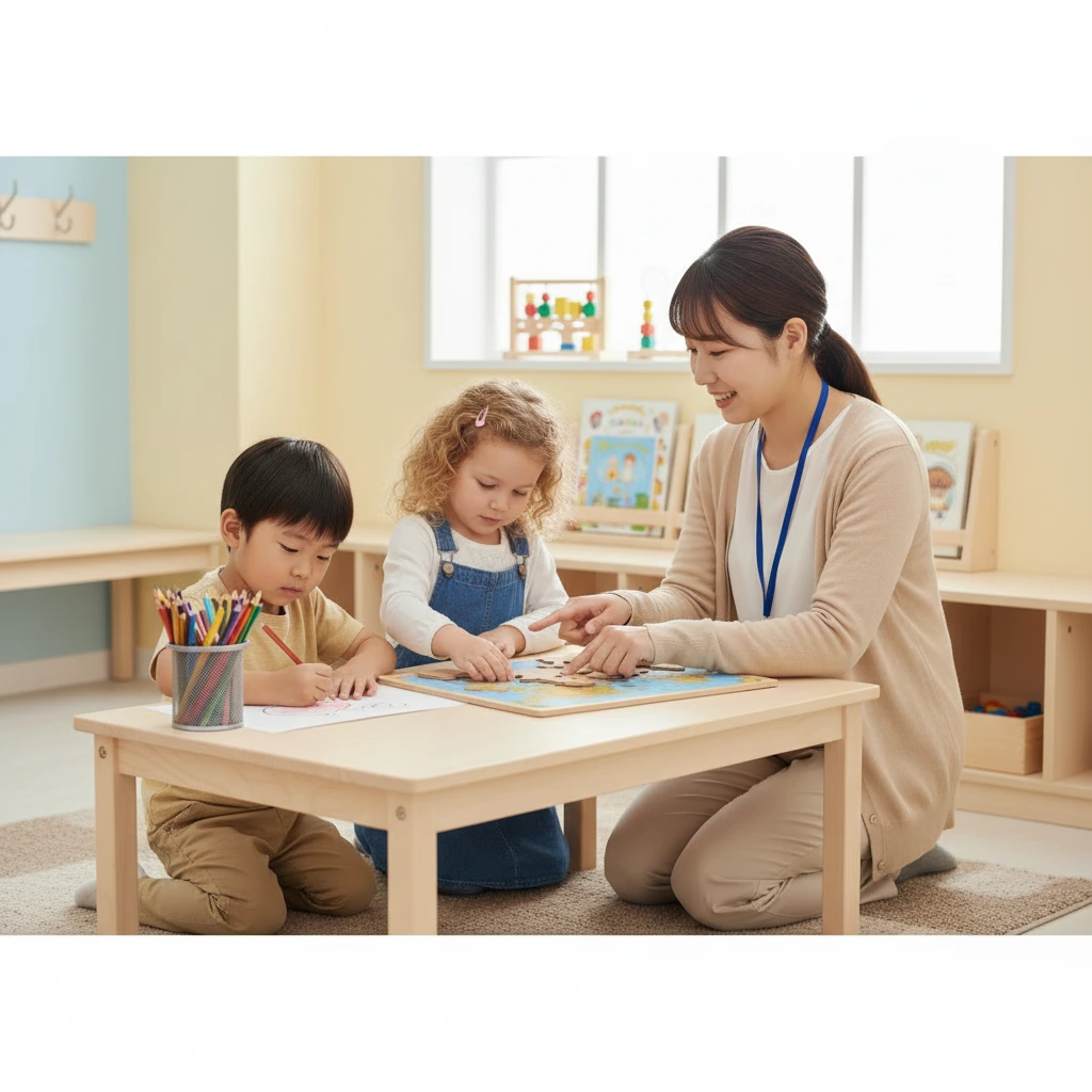 Enfant de plus de 3 ans réalisant une activité de puzzle éducatif guidé par une intervenante qualifiée dans un cadre lumineux.