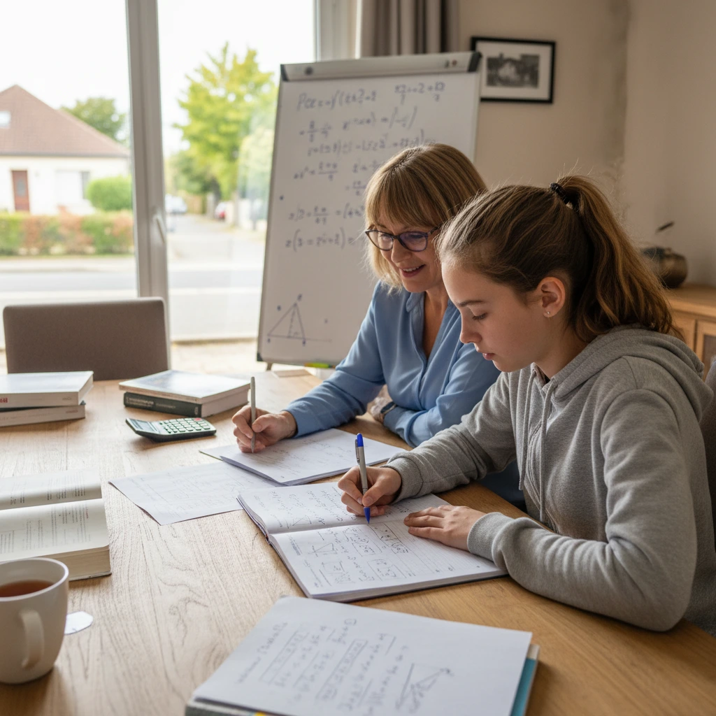 Professeur de mathématiques donnant un cours particulier à domicile à une lycéenne de 15 ans à Villiers-sur-Marne.