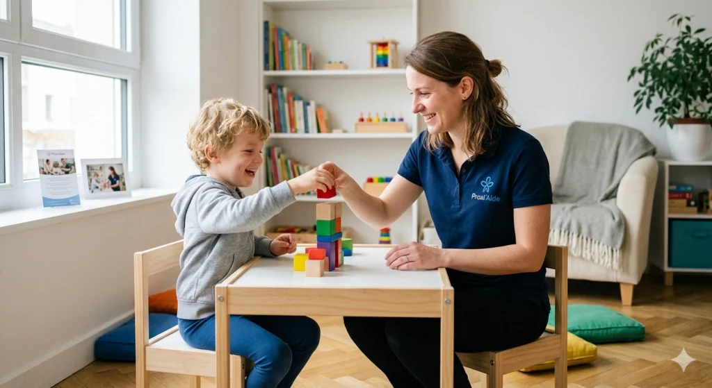 Nounou professionnelle Proxi'Aide réalisant un jeu éducatif avec un enfant de 4 ans dans un salon lumineux.