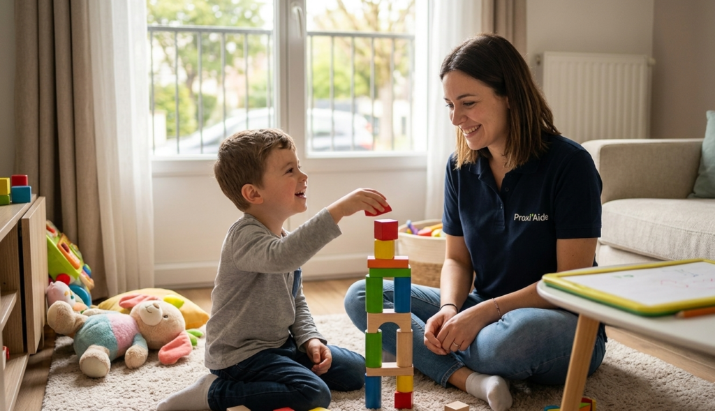 Garde d'enfants à domicile Villiers-sur-Marne : une nounou Proxi'Aide joue avec un enfant