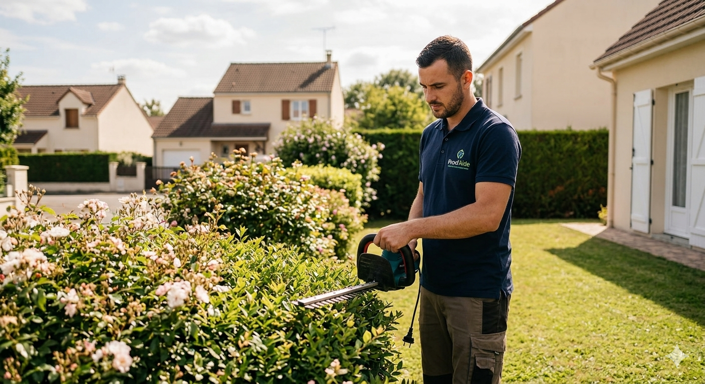 Entretien de jardin à Villiers-sur-Marne avec un jardinier Proxi'Aide taillant une haie