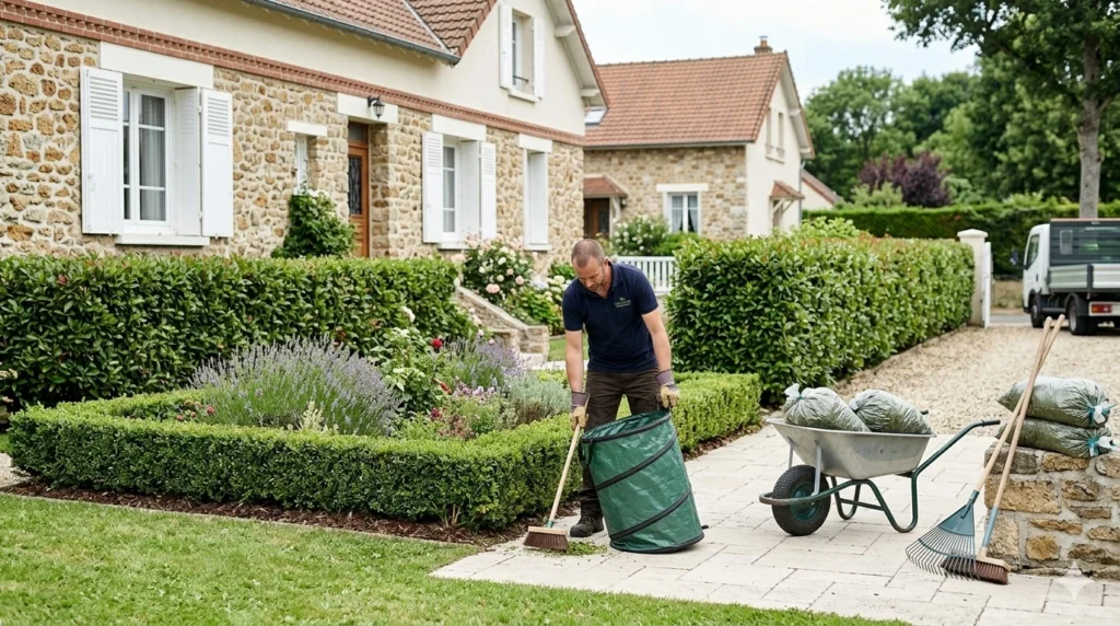 Jardinier Proxi'Aide nettoyant une allée et ramassant les déchets verts après une prestation d'entretien de jardin à Villiers-sur-Marne.