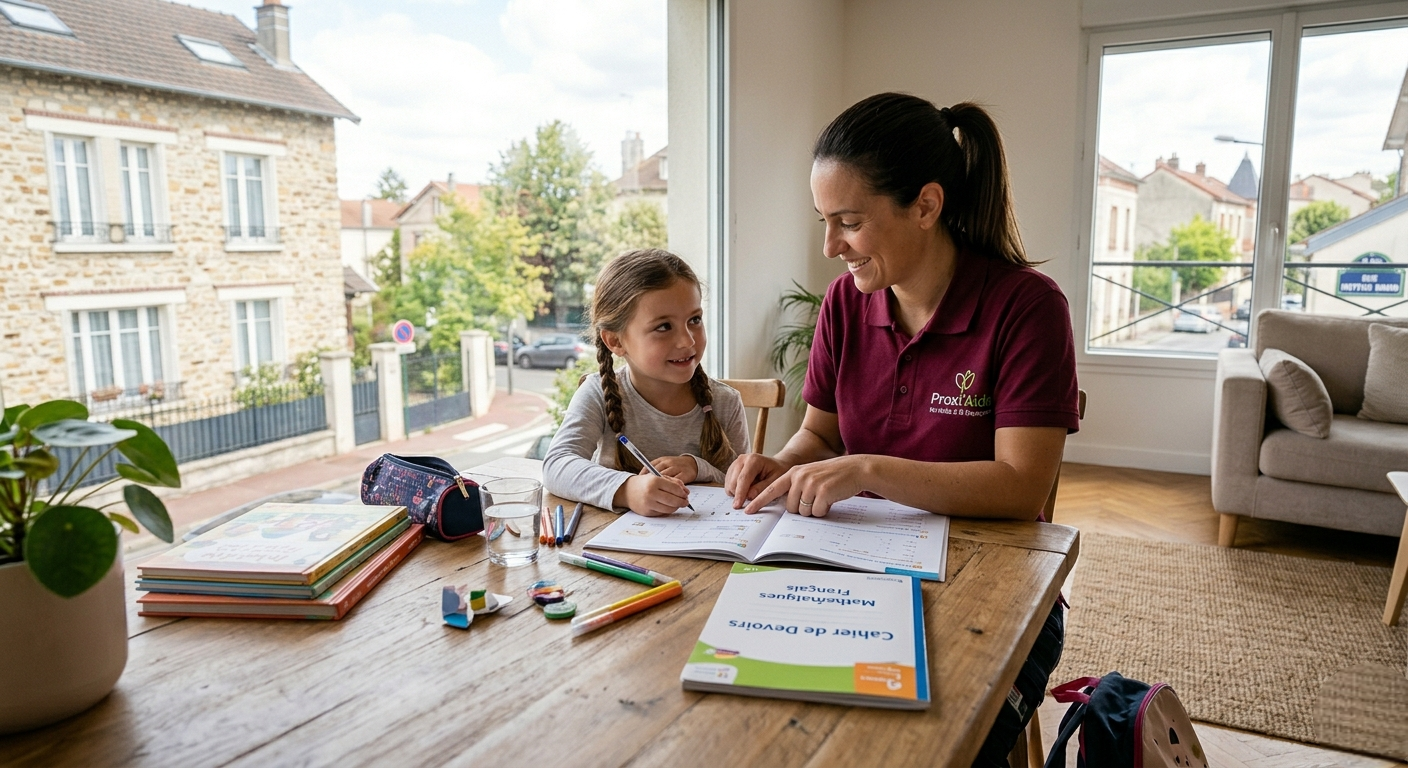 Nounou à domicile aidant une petite fille à faire ses devoirs après l'école à Villiers-sur-Marne.